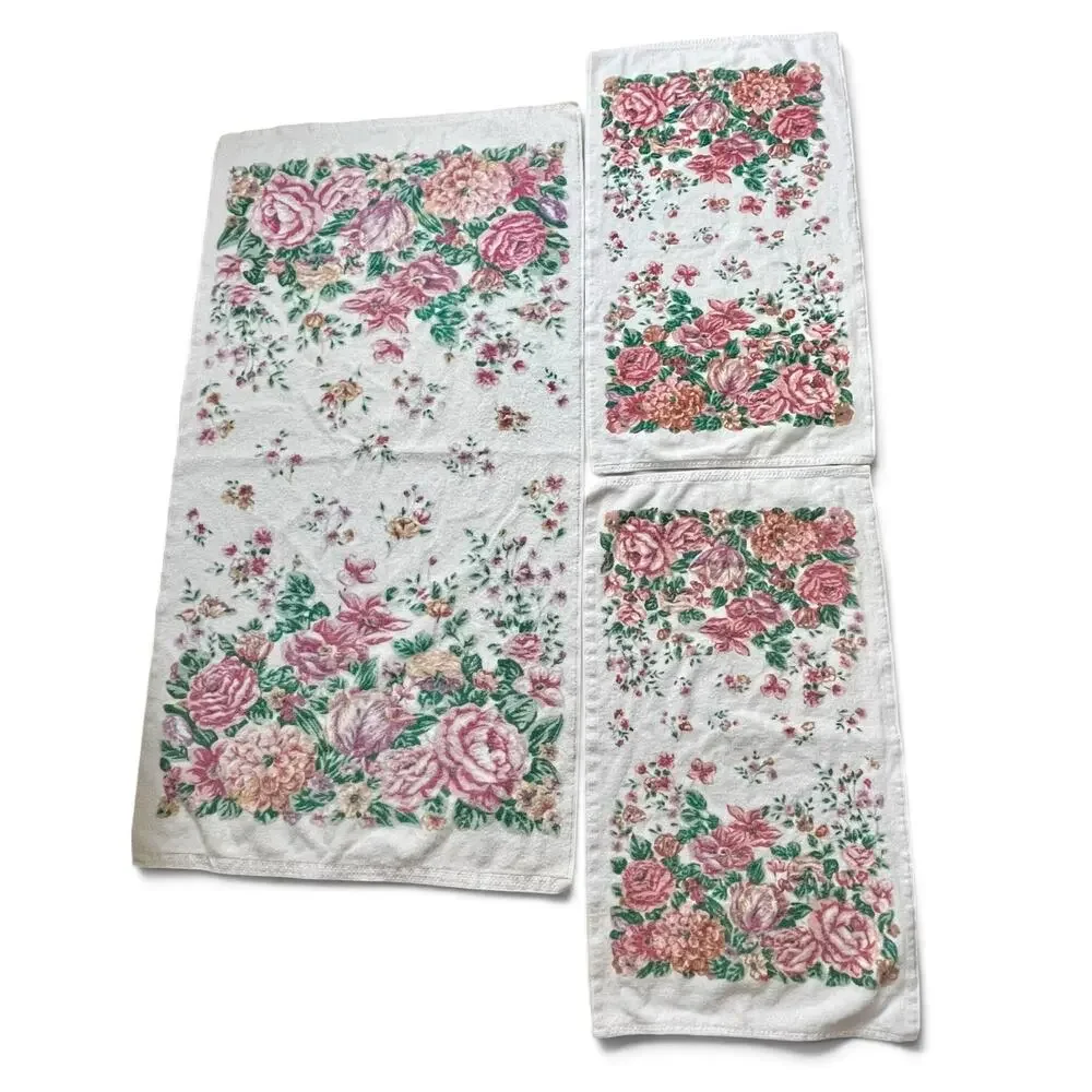 Vtg 80s Bibb Cabbage Rose Towel Set 3pc Cotton USA Floral Bath Hand Cottagecore